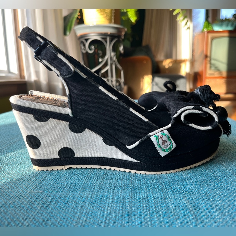 Miss L Fire Polka Dot Sling Back Canvas Wedges w Bow Sz 38 / 7.5